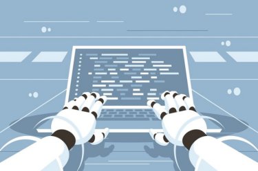 Roboterhände arbeiten am Computer